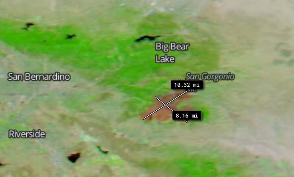 Worldview app shows the distances across the burn scars of the Apple Fire in Colorado.