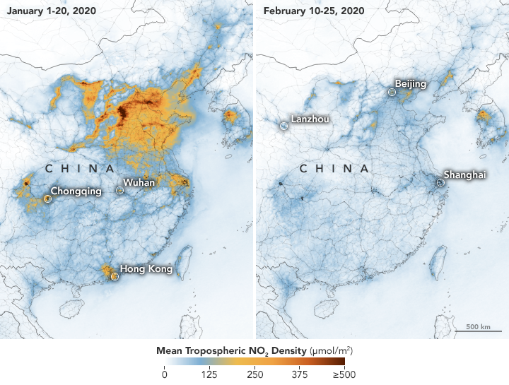 Two maps of nitrogen dioxide concentrations over China in early 2020