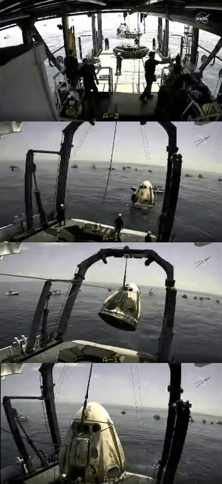 SpaceX’s Crew Dragon splashes down in the Gulf of Mexico off the coast of Pensacola, Florida at 2:48 p.m. EDT Aug. 2, 2020.