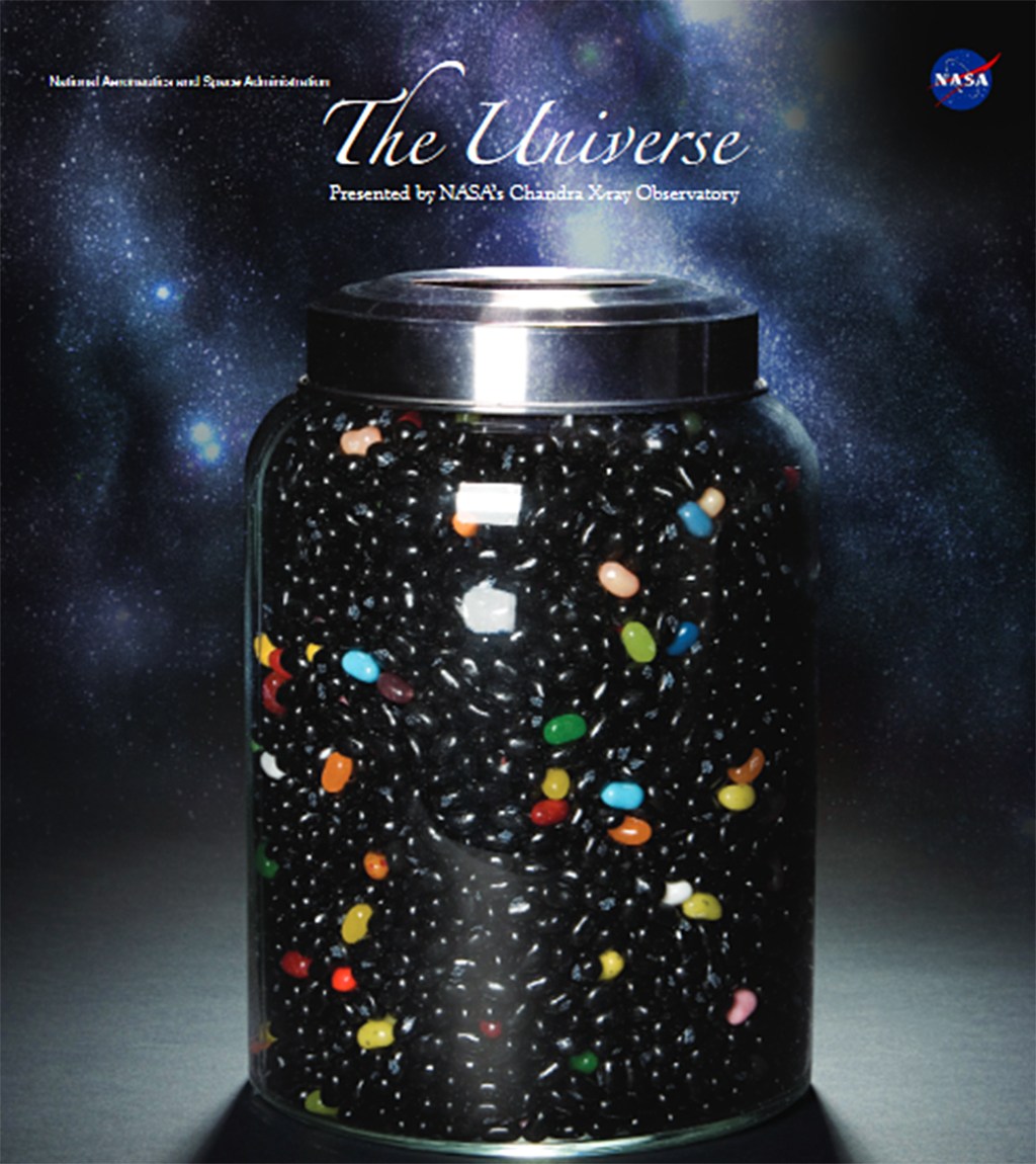 Large jar of black jelly beans with a small number of colored jelly beans
