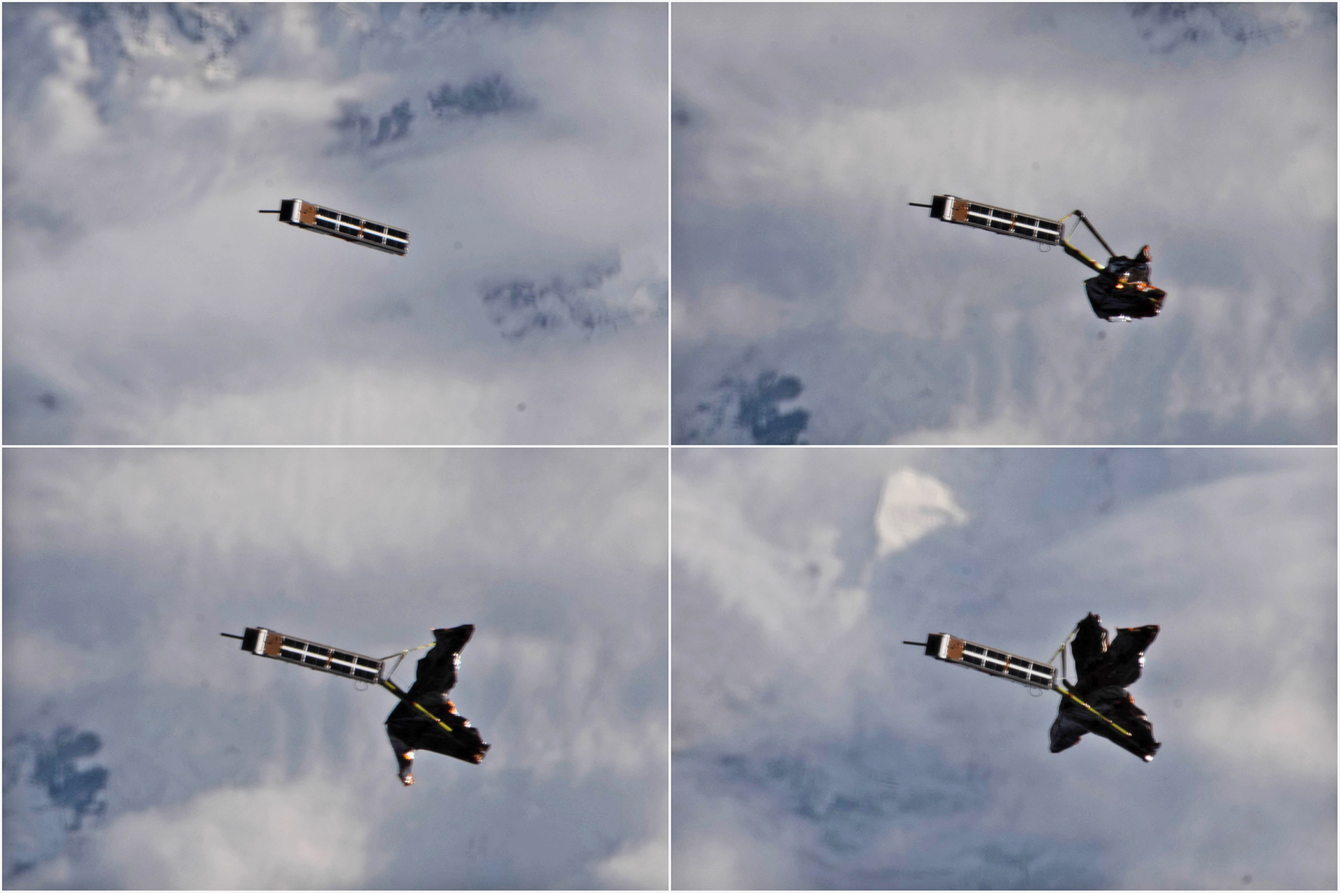 Four images showing the deployment of a small, umbrella-like device attached to a small satellite.
