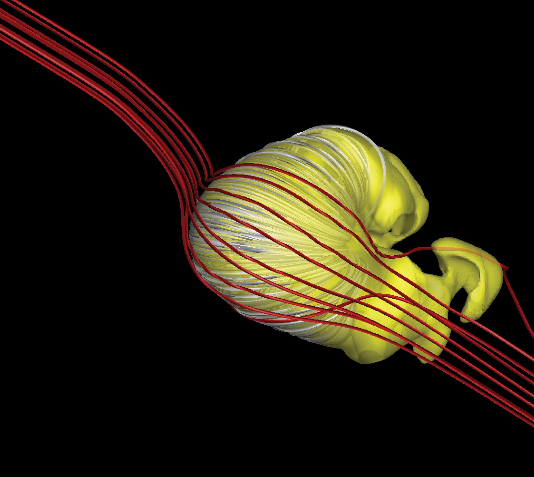 Model showing the heliosphere appearing as a deflated croissant shape, wrapped in the interstellar magnetic field