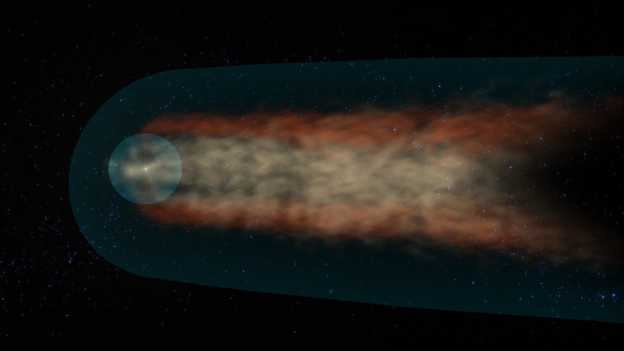 An illustration showing the Sun's bubble of influence, the heliosphere, with a long tail like a comet's