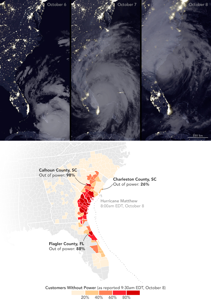satellite-based nighttime images of the U.S. East Coast (top) with map (bottom) indicating power outages