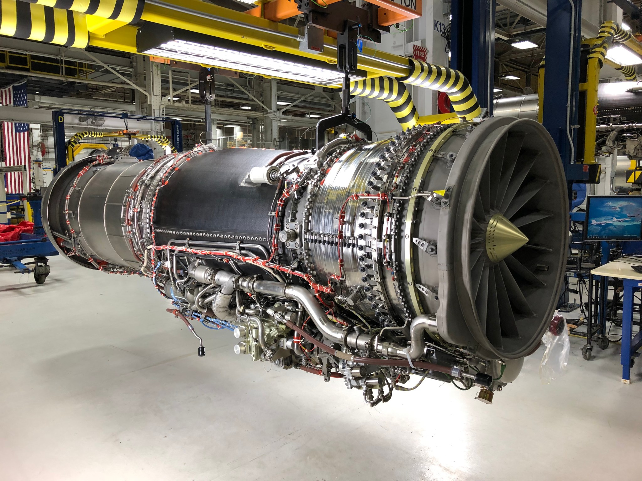 The F414-GE-100 engine sits in the assembly area at GE Aviation’s Riverworks facility.