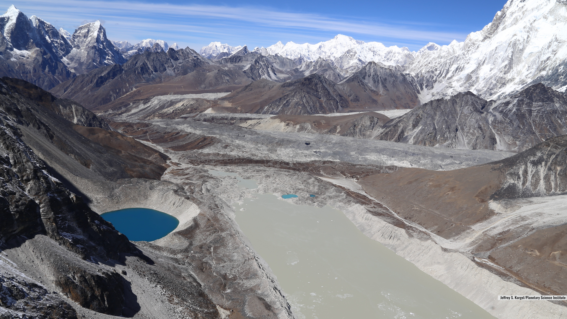 Lake Imja near Mount Everest in the Himalaya is a glacier lake that has grown to three times its length since 1990.