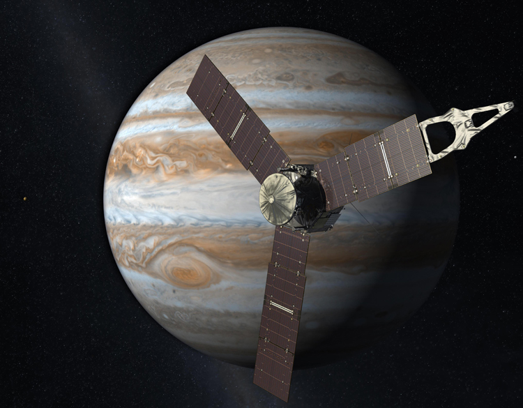 This illustration depicts Juno in an elliptical, polar orbit around Jupiter.