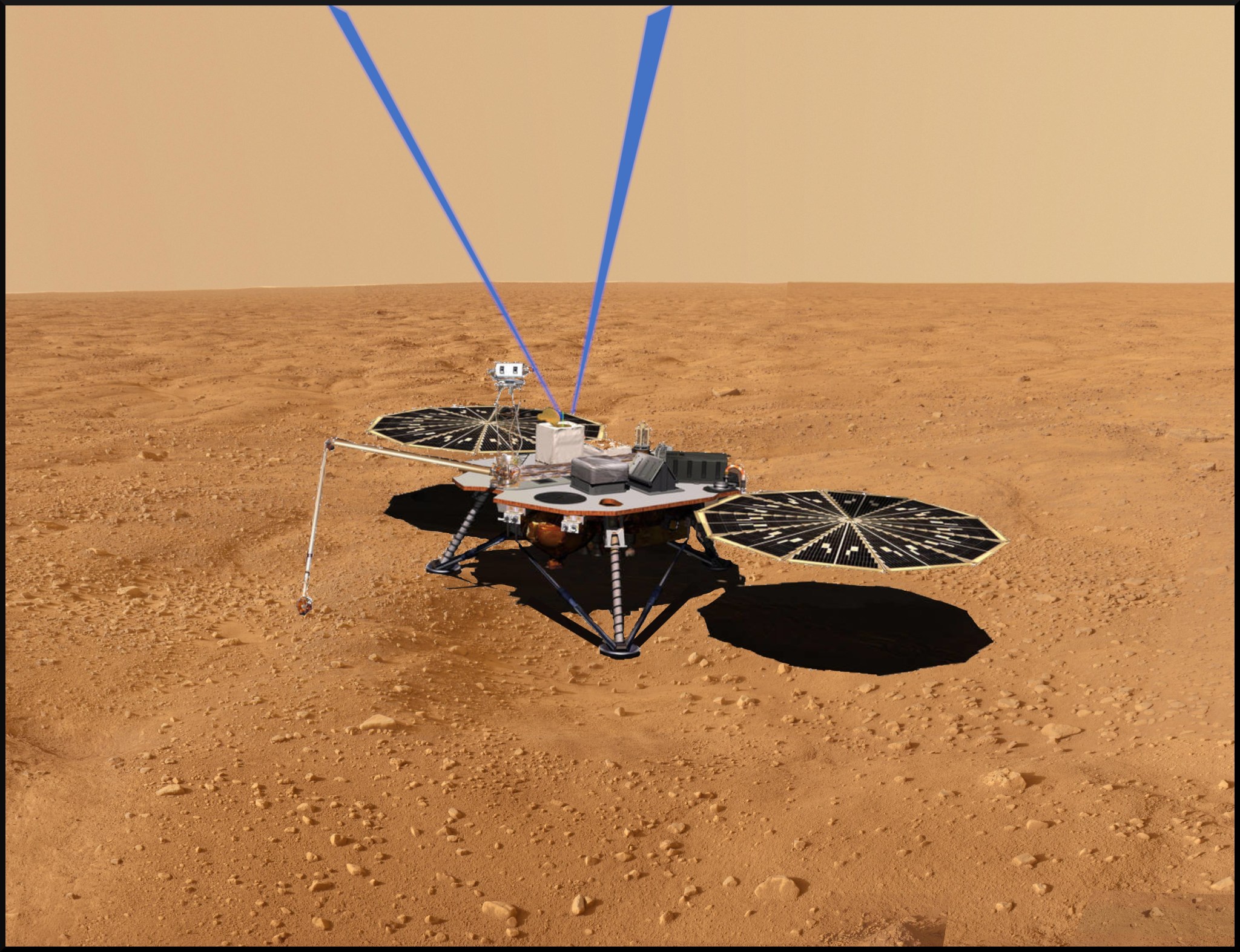This is a closeup of the lidar instrument, which would remotely profile, for the first time, water vapor up to 9 miles. The artist conception is of the rocky Martian surface with the instrument with two solar arrays on either side and blue lasers from the top. 