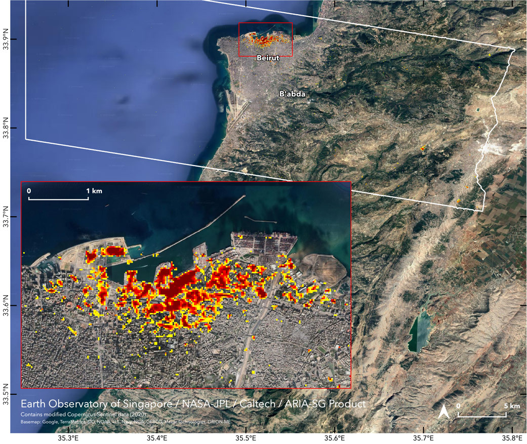 Image of satellite data that maps the extent of likely damage following a massive explosion in Beirut