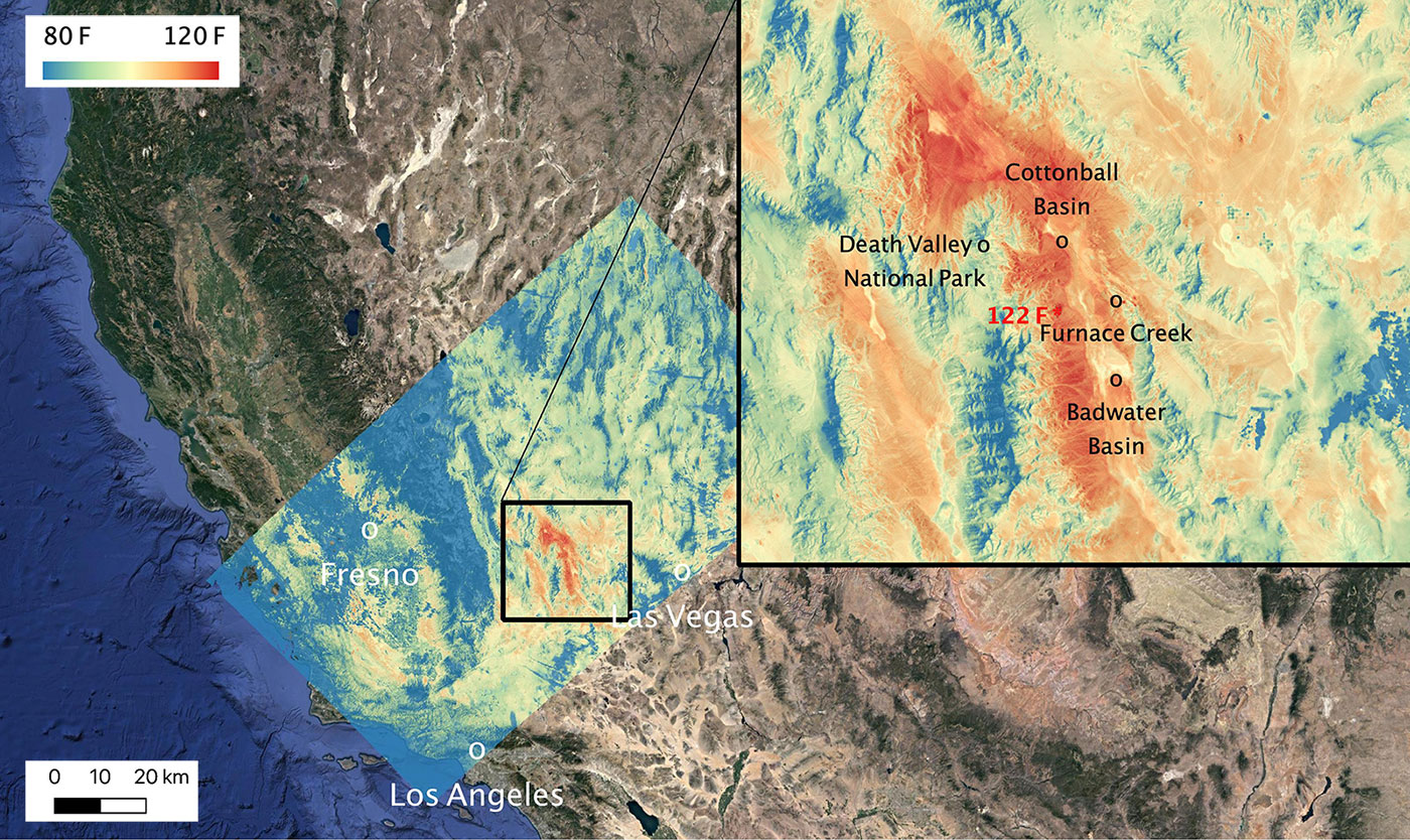 ECOSTRESS temperature map shows the land surface temperatures around Death Valley in California's Mojave Desert 