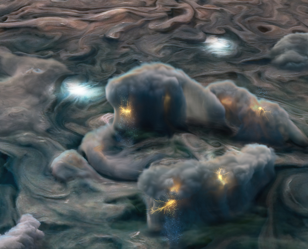 This illustration uses data obtained by NASA's Juno mission to depict high-altitude electrical storms on Jupiter