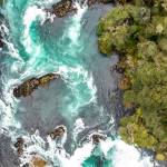 Top-down view of a stream flowing through a forested area