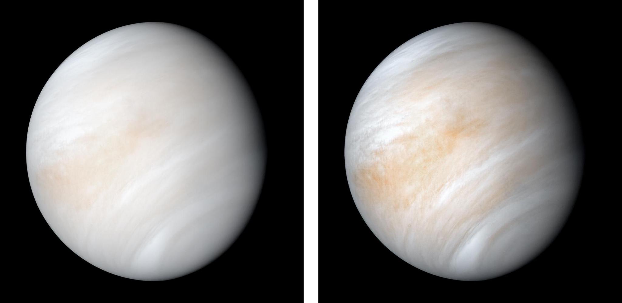 Two views of the planet Venus from the Mariner 10 spacecraft.