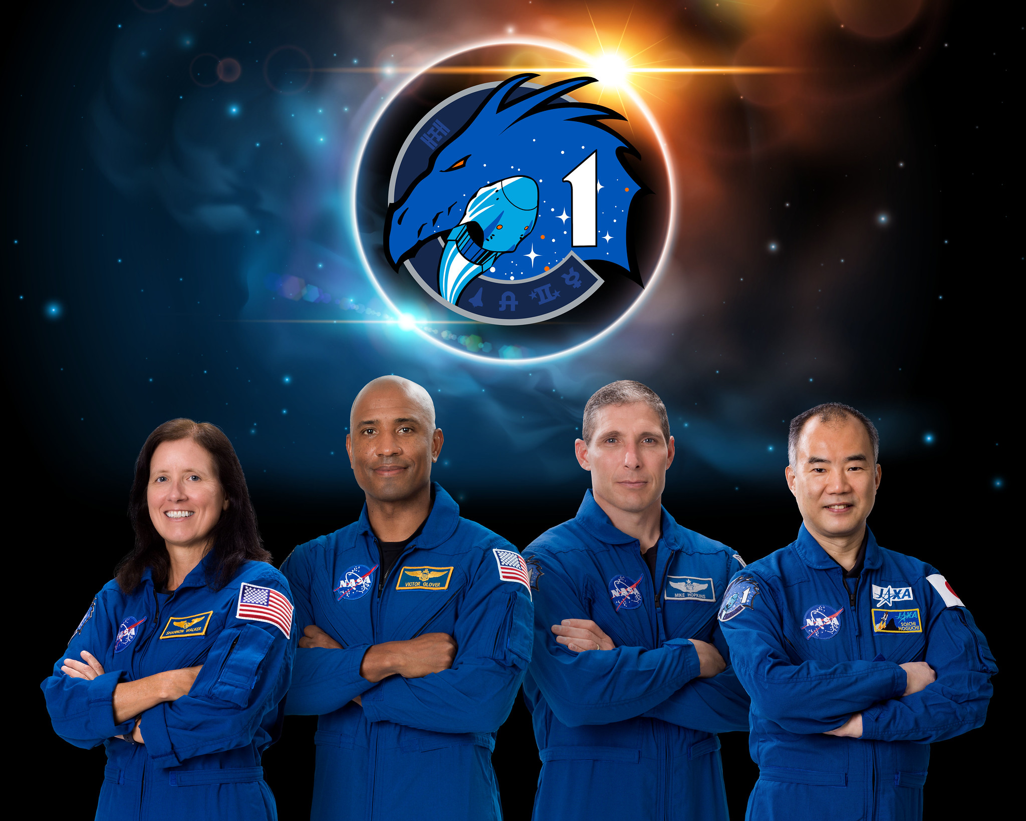 The SpaceX Crew-1 official crew portrait with (from left) Shannon Walker, Victor Glover, Mike Hopkins, and Soichi Noguchi 