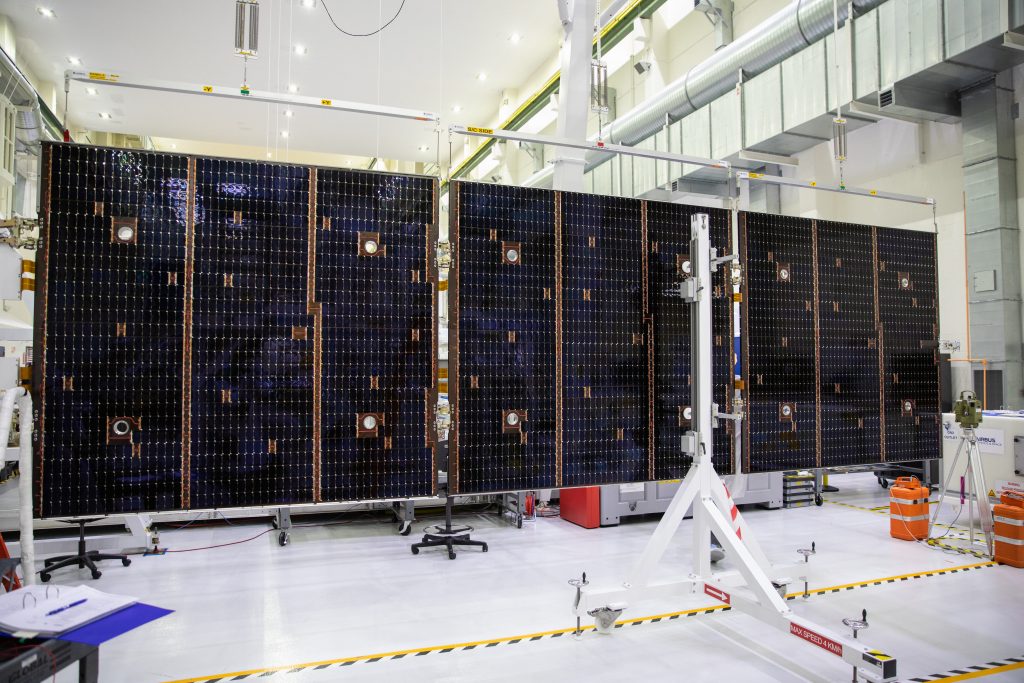 Inside the Neil Armstrong Operations and Checkout Building high bay at NASA’s Kennedy Space Center in Florida, in preparation for installation on the Artemis I spacecraft, technicians have extended one of the Artemis I solar array wings for inspection on Sept. 10, 2020, to confirm that it unfurled properly and all of the mechanisms functioned as expected. The solar array is one of four panels that will generate 11 kilowatts of power and span about 63 feet. The array is a component of Orion’s service module, which is provided by the European Space Agency and built by Airbus Defence and Space to supply Orion’s power, propulsion, air and water.