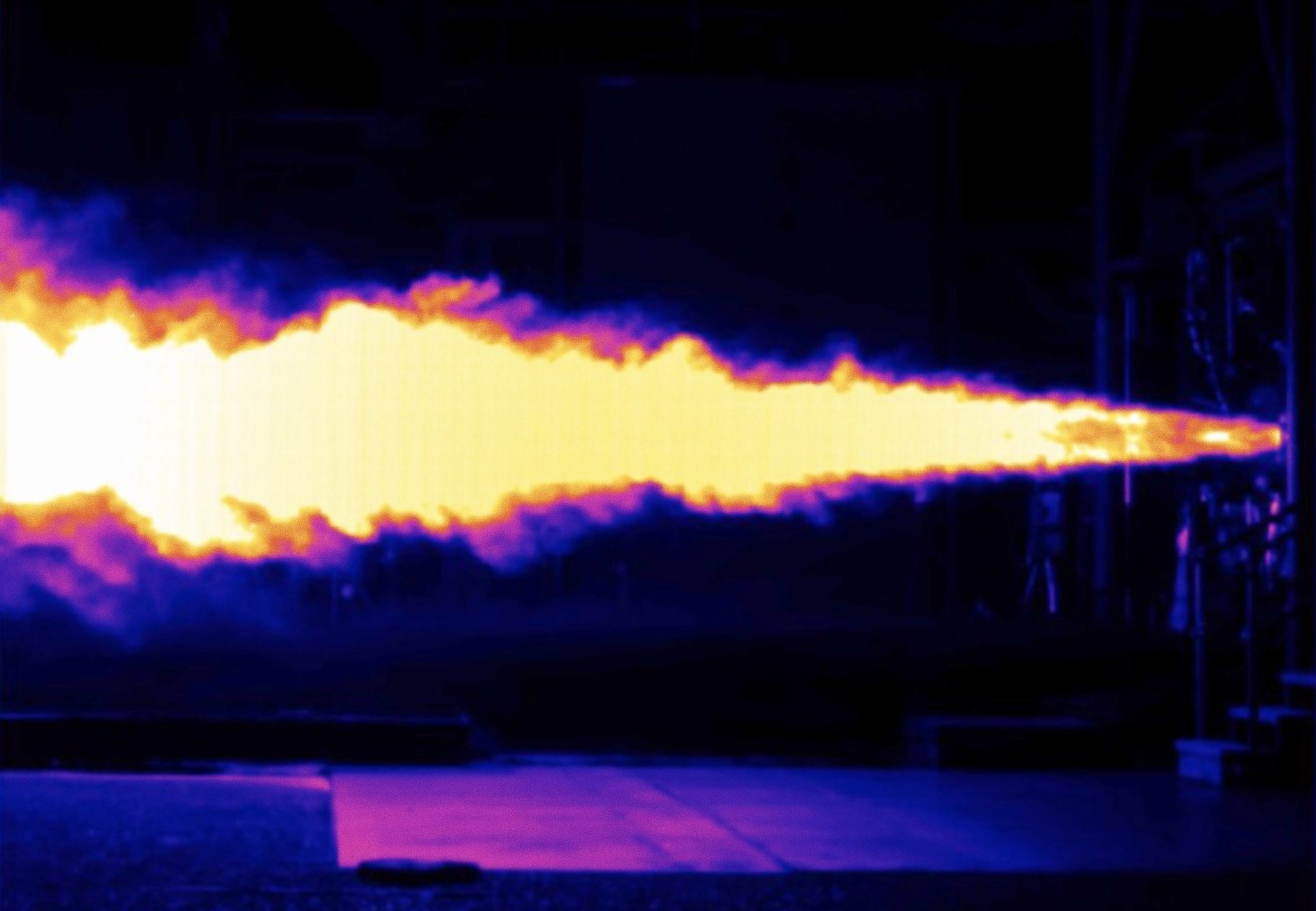 The Blue Origin BE-7 thrust chamber assembly undergoes a hot-fire test at the Marshall Center’s Test Facility 116 in June 2020. 