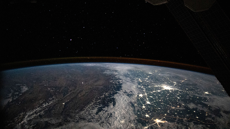 An Expedition 63 crew member aboard the space station photographed the well-lit, highly populated areas of Pakistan and northern India during an orbital night period.