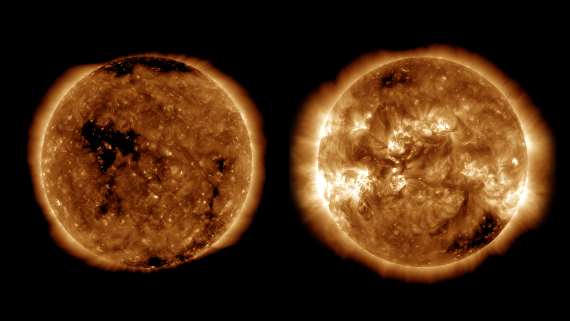 Two satellite images of the Sun appear side by side. On the left, the Sun features a few dark patches. On the right, the Sun displays many bright regions and a couple of dark patches.