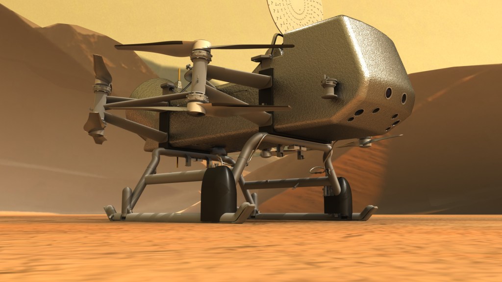 Illustration of NASA’s Dragonfly rotorcraft-lander approaching a site on Saturn’s exotic moon, Titan.