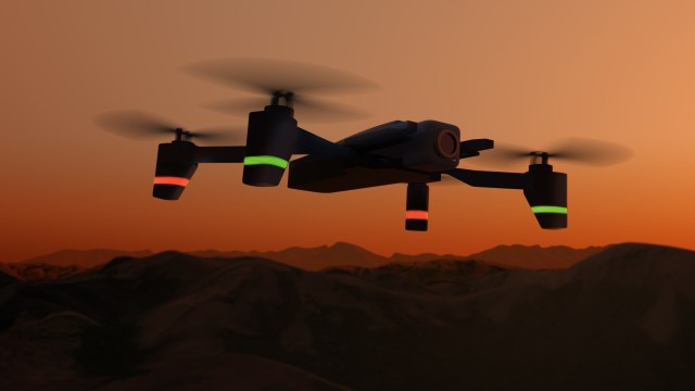 Illustration of a drone in silhouette against a red, smoke-filled sky