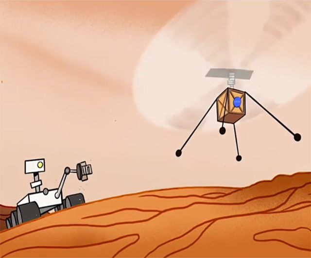 Kid’s drawing of Perseverance rover and Ingenuity helicopter on Mars