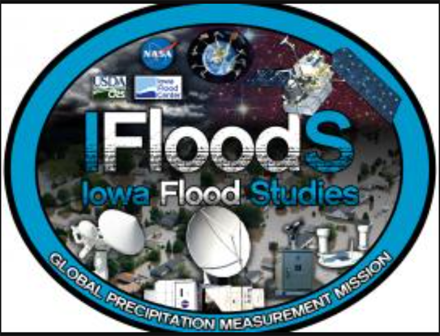 A mission-patch style illustration in blue and grey with the words “IFloodS Iowa Flood Studies”above the words “Global Precipita