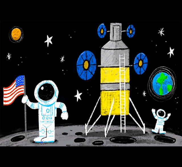 Child's drawing of two astronauts and a lunar lander on the Moon