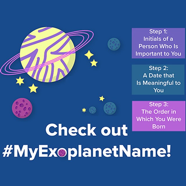 Cartoon of many different types of exoplanets with the tag line Check Out #MyExoplanetName! and the steps needed to create your