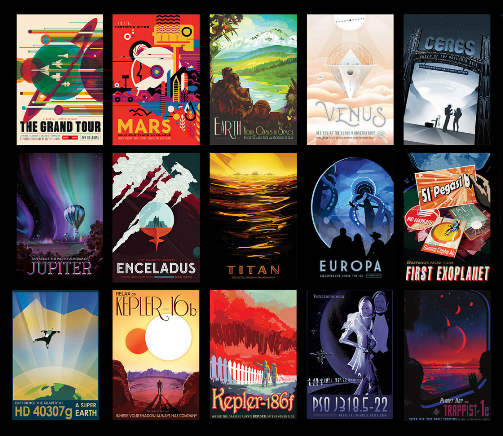Collage of retro-style space posters