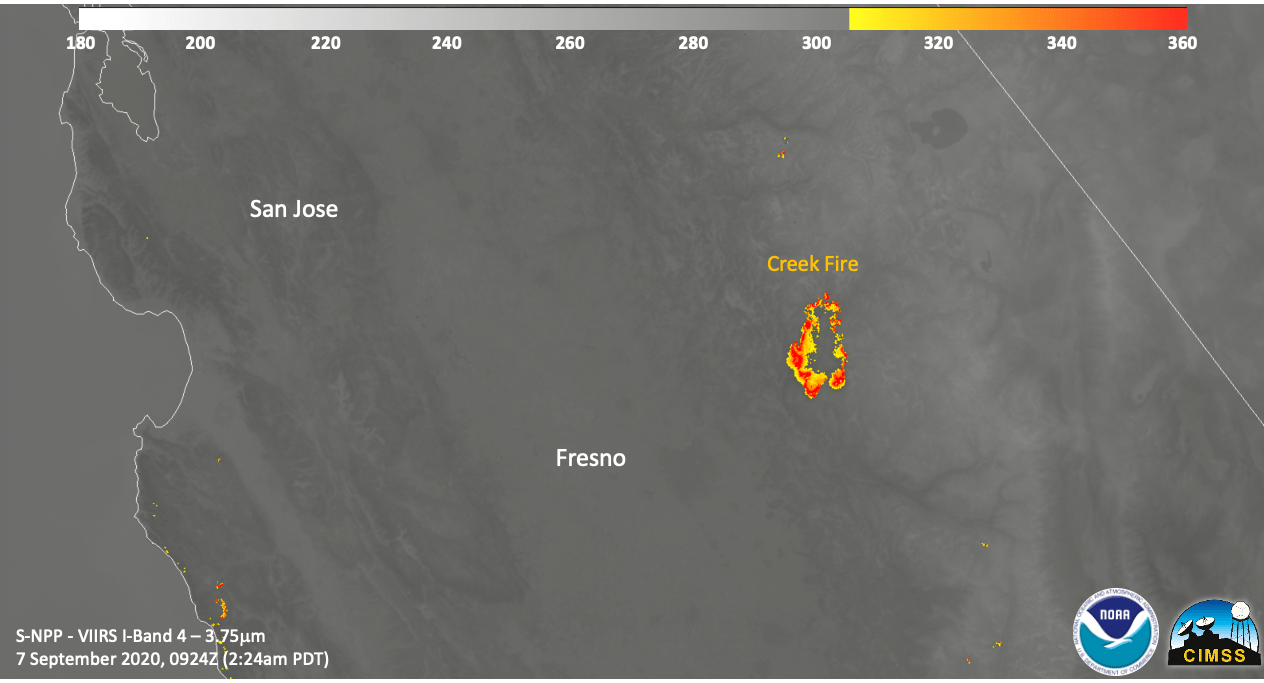 Image of the Creek Fire using the VIIRS Active Fire product showing the outline of the Creek Fire.