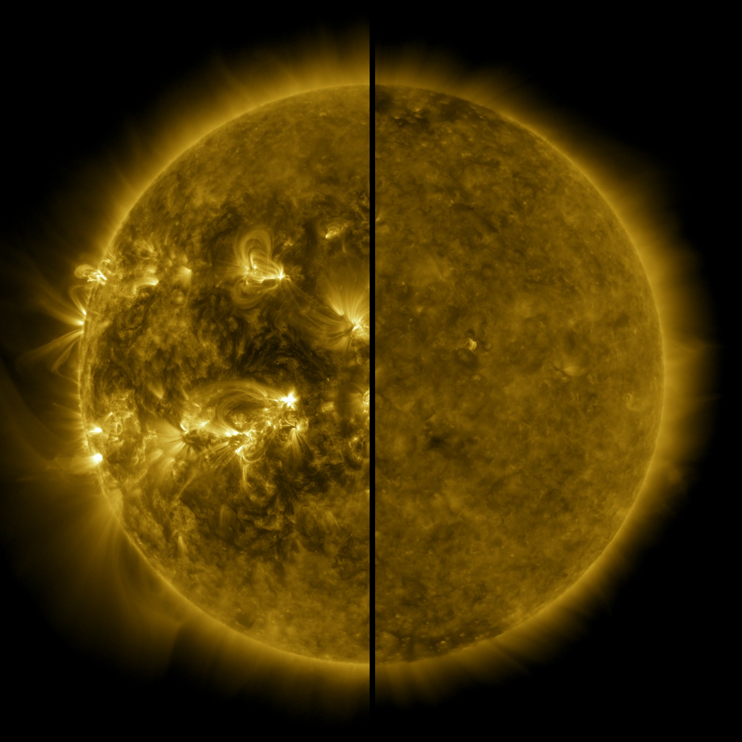 This split image shows the difference between an active Sun during solar maximum and a quiet Sun during solar minimum