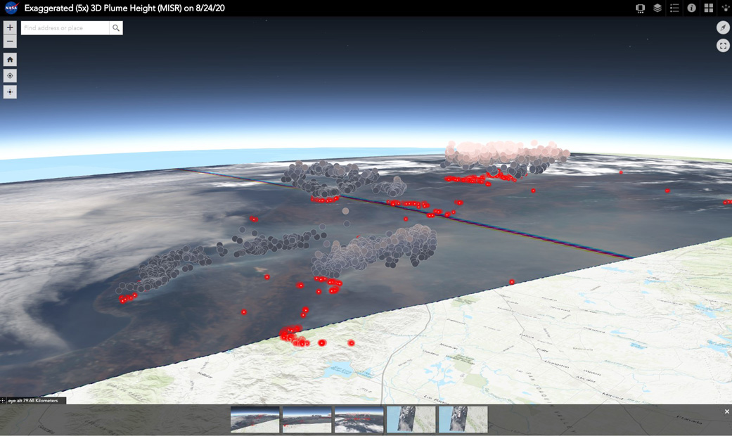 This screenshot shows an interactive 3D visualization that allows you to explore the height of smoke plumes from the California 