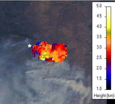A satellite image of the smoke plume with color-coded pixels representing the height of the plume at different points.