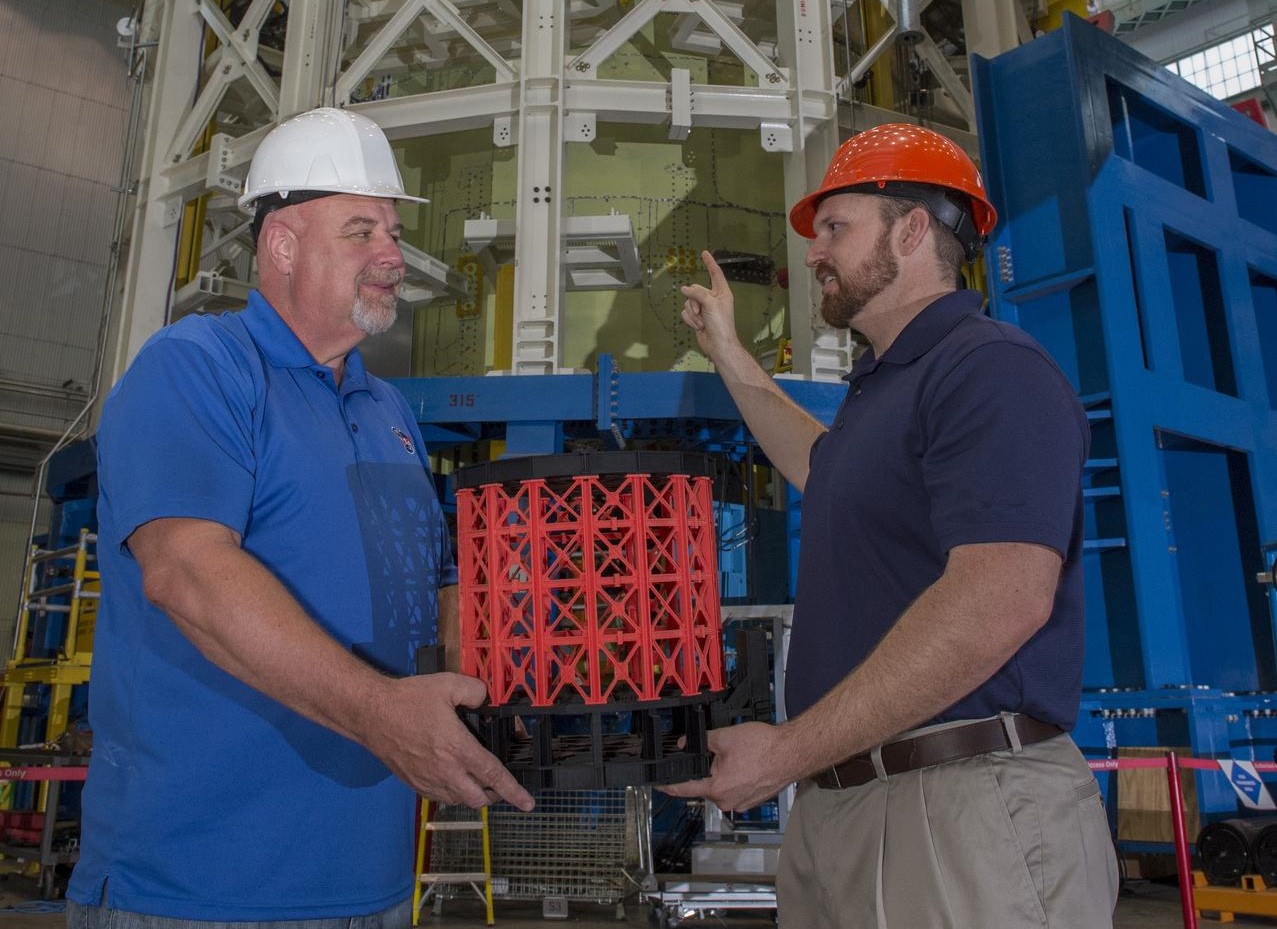John Honeycutt, left, program manager of NASA’s Space Launch System rocket at the agency’s Marshall Space Flight Center.