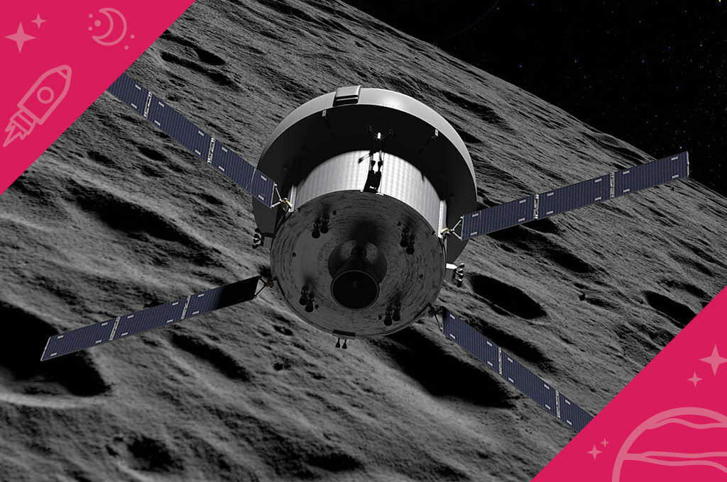 Illustration of the Orion spacecraft flying back to Earth