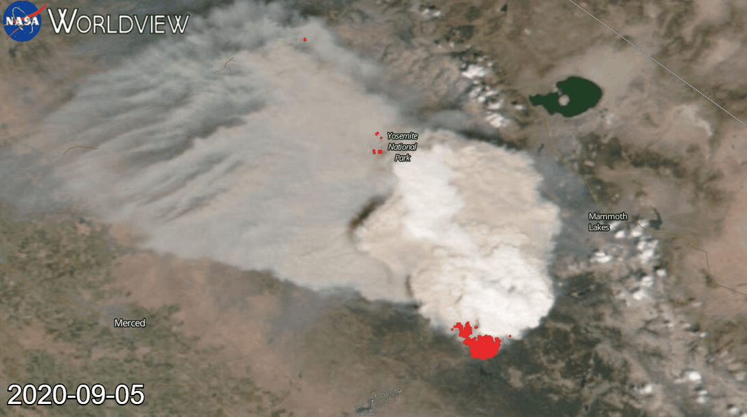 This gif shows the development of the Creek fire from Sep 5 through Sep 7, 2020. Clouds of smoke hover over land in three different images. 