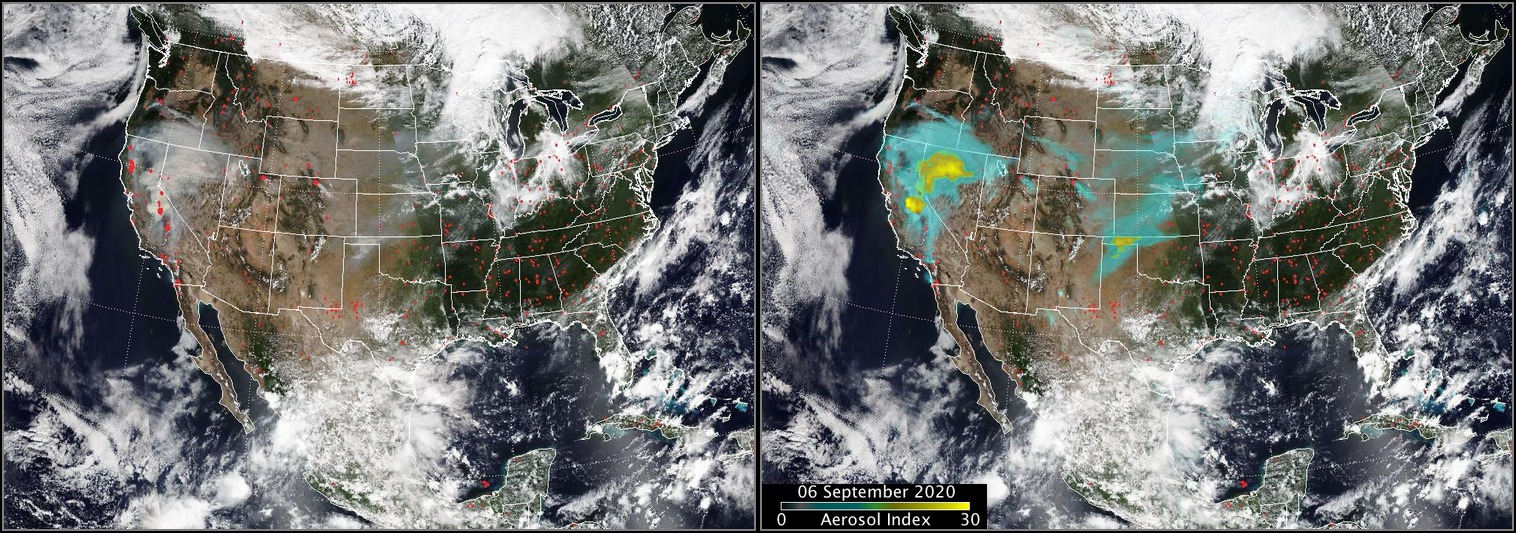 Aerosol index showing some of the highest values recorded from a pyrocumulonimbus cloud in the U.S. Two images side by side, both maps of the U.S., Both images show cloud cover over all sides of the US with the western U.S. having less clouds. The image on the right has small red dots signifying fires, mainly in California. The image on the right shows the aerosol index with a range of blue to yellow covering, mainly in California and Nevada, but moving across the west into the mid U.S.  