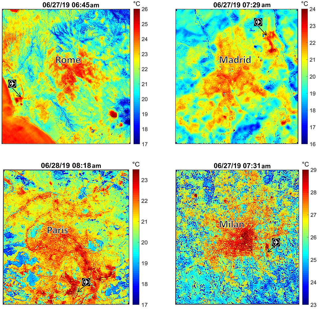 These maps of four European cities show ECOSTRESS surface temperature