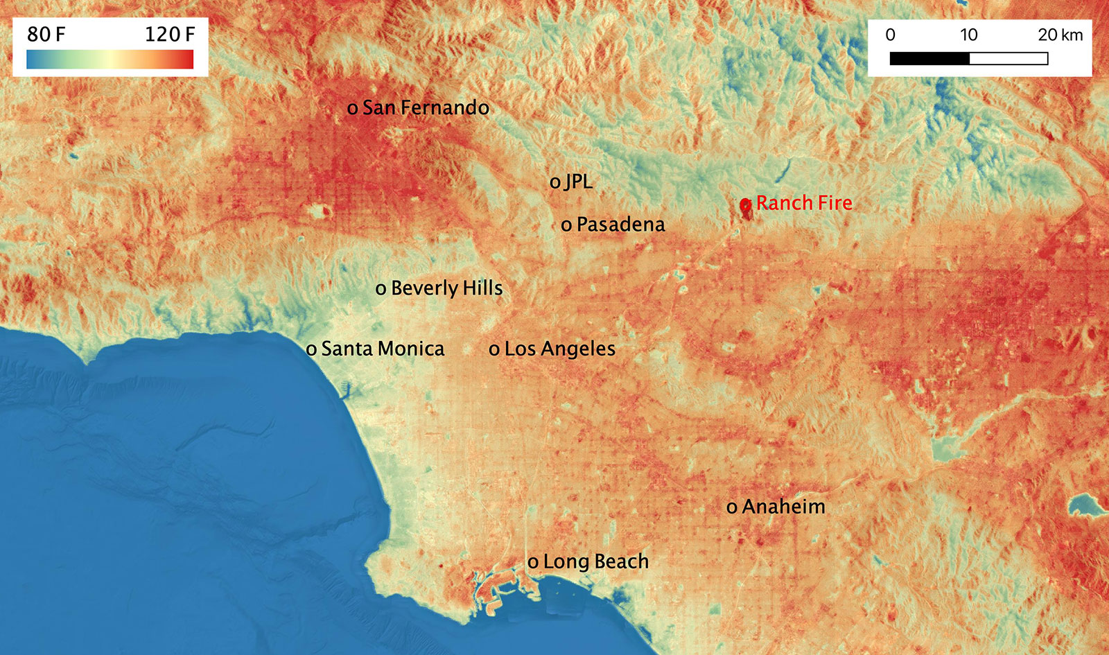 ECOSTRESS temperature map shows the land surface temperatures throughout Los Angeles County