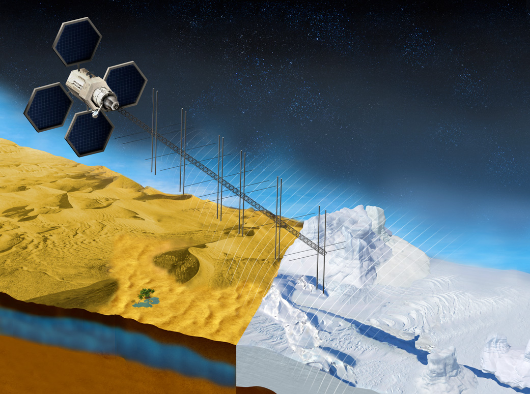This illustration shows what a satellite with a proposed radar instrument for the mission could look like