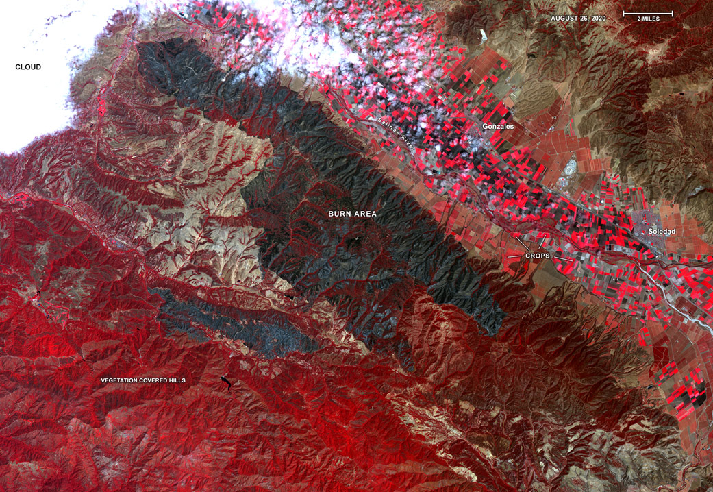 This false-color map shows the burn area of the River and Carmel fires in Monterey County, California