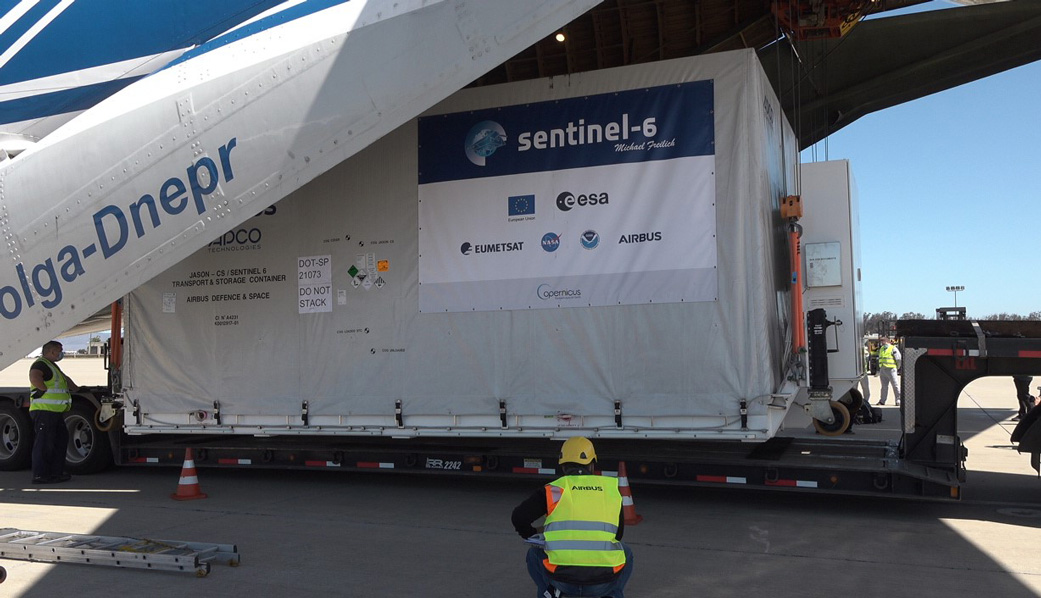 A shipping container containing the Sentinel-6 Michael Freilich satellite 