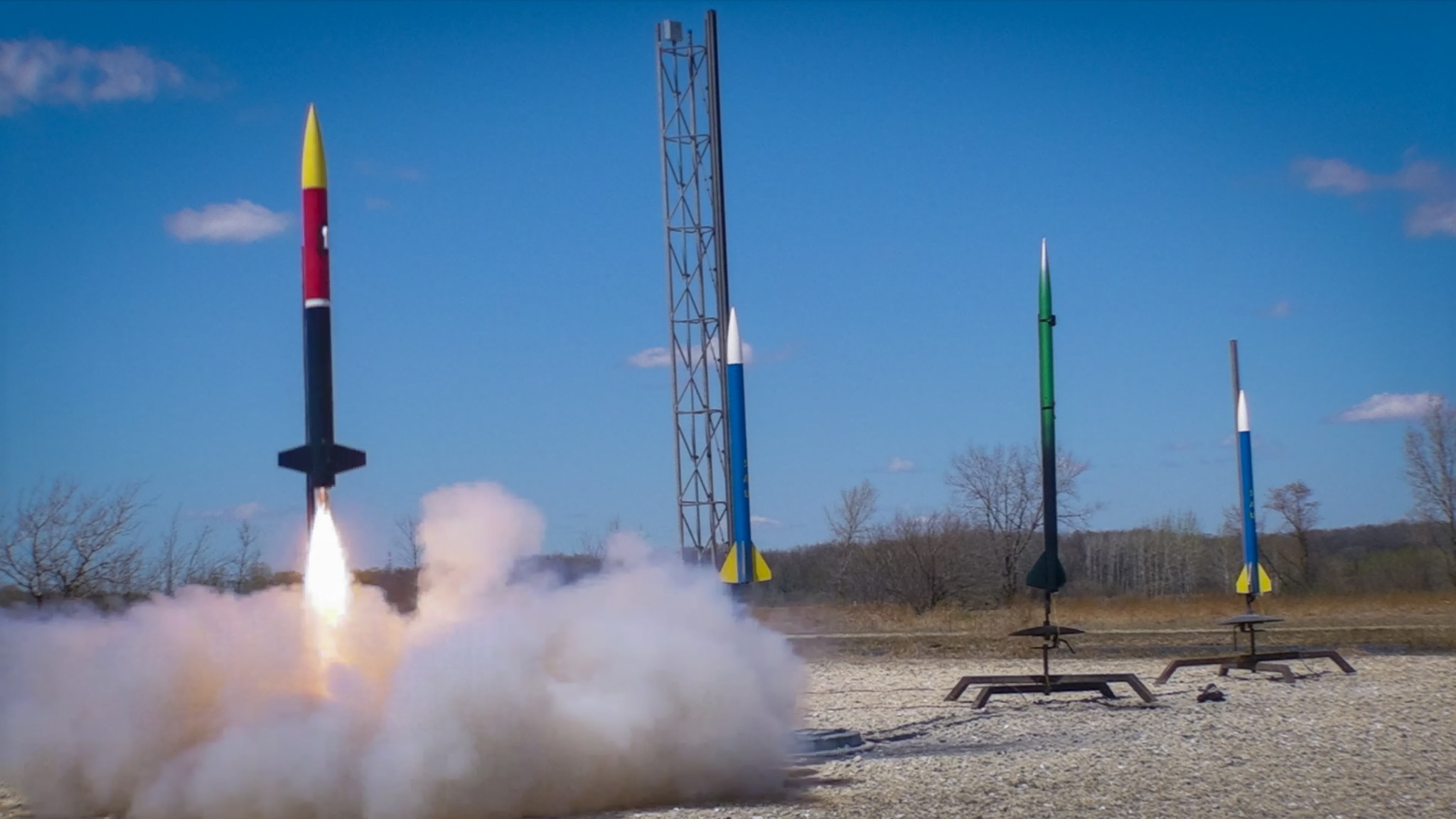 High-powered rockets are launched during the Wisconsin Space Grant Consortium's First Nations Launch competition in 2019.