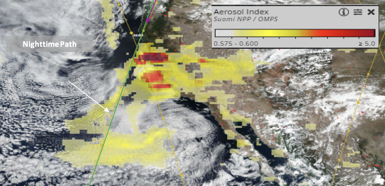 A satellite image of California with overlaid colors showing the aerosols.