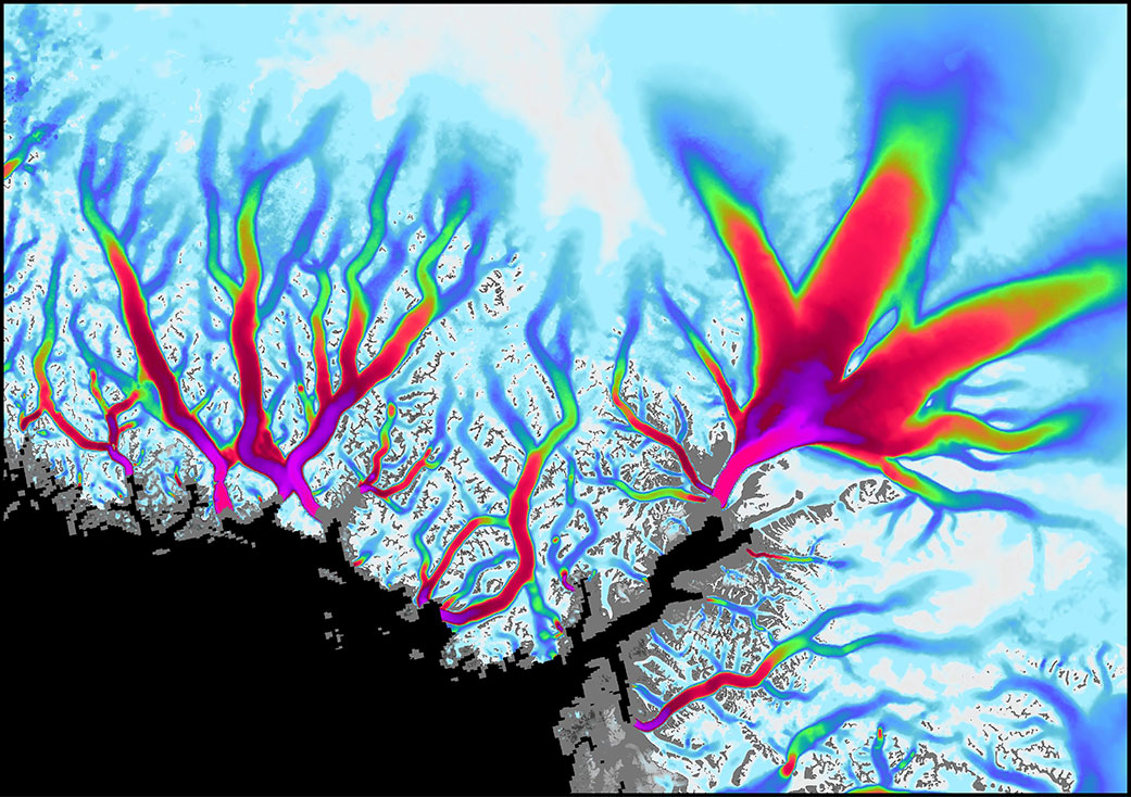 Data visualization shows the flow velocity of glaciers along Greenland's coast