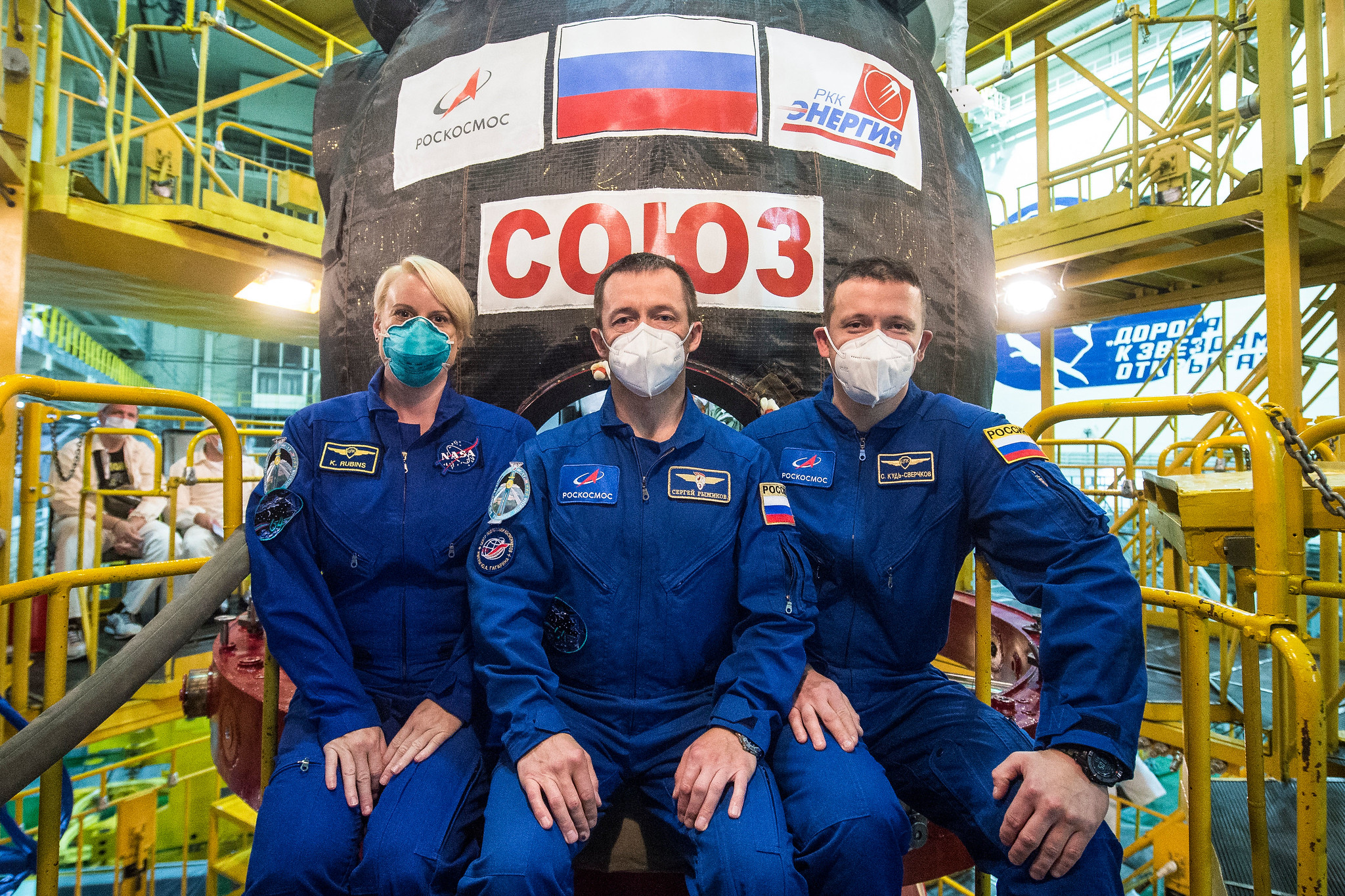 Expedition 64 NASA astronaut Kate Rubins and Russian cosmonauts Sergey Ryzhikov and Sergey Kud-Sverchkov of Roscosmos