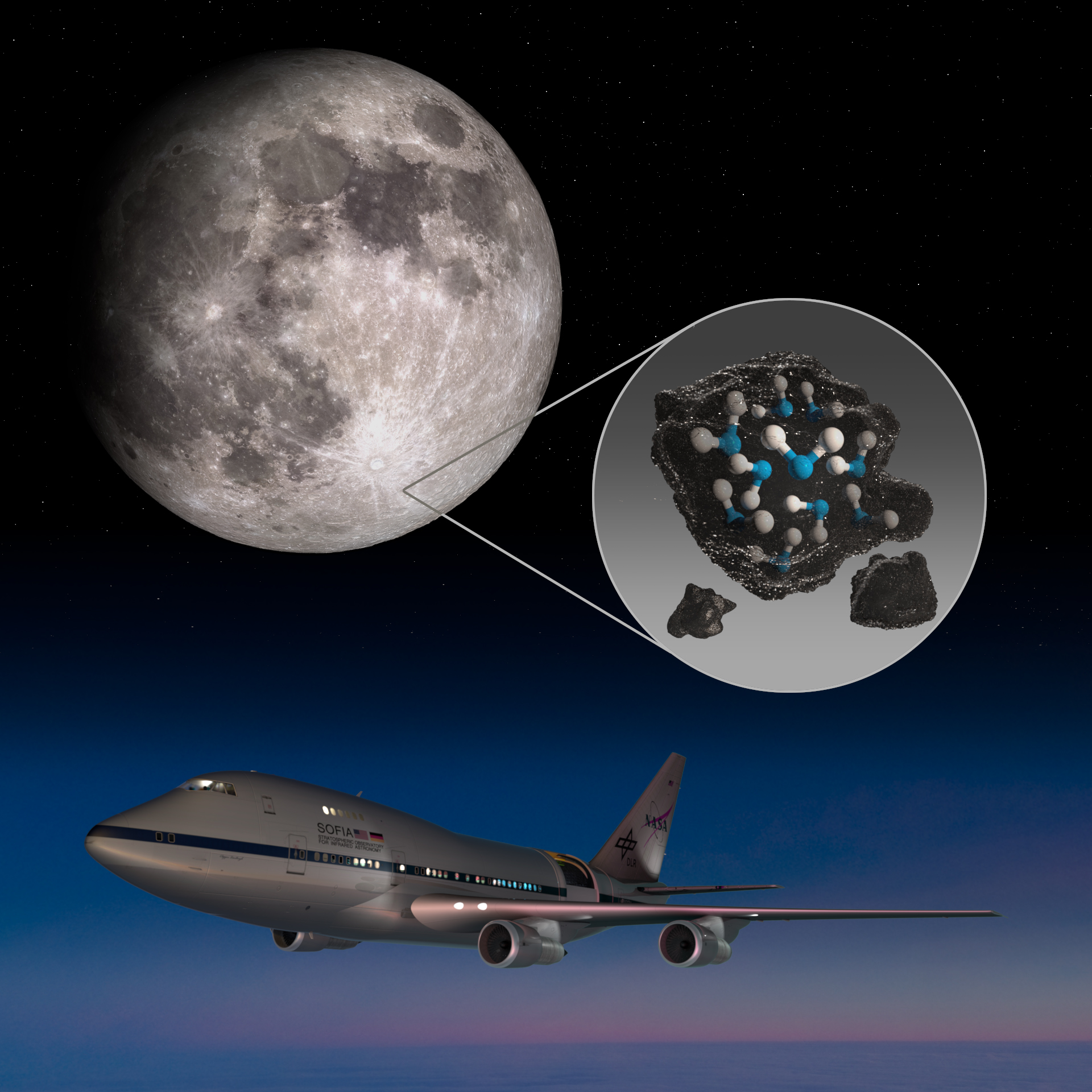 Image of Moon and illustration depicting water trapped in lunar soil and NASA’s Stratospheric Observatory for Infrared Astronomy