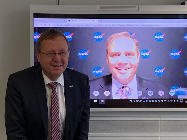 NASA Administrator Jim Bridenstine (on screen) and ESA (European Space Agency) Director General Jan Wörner