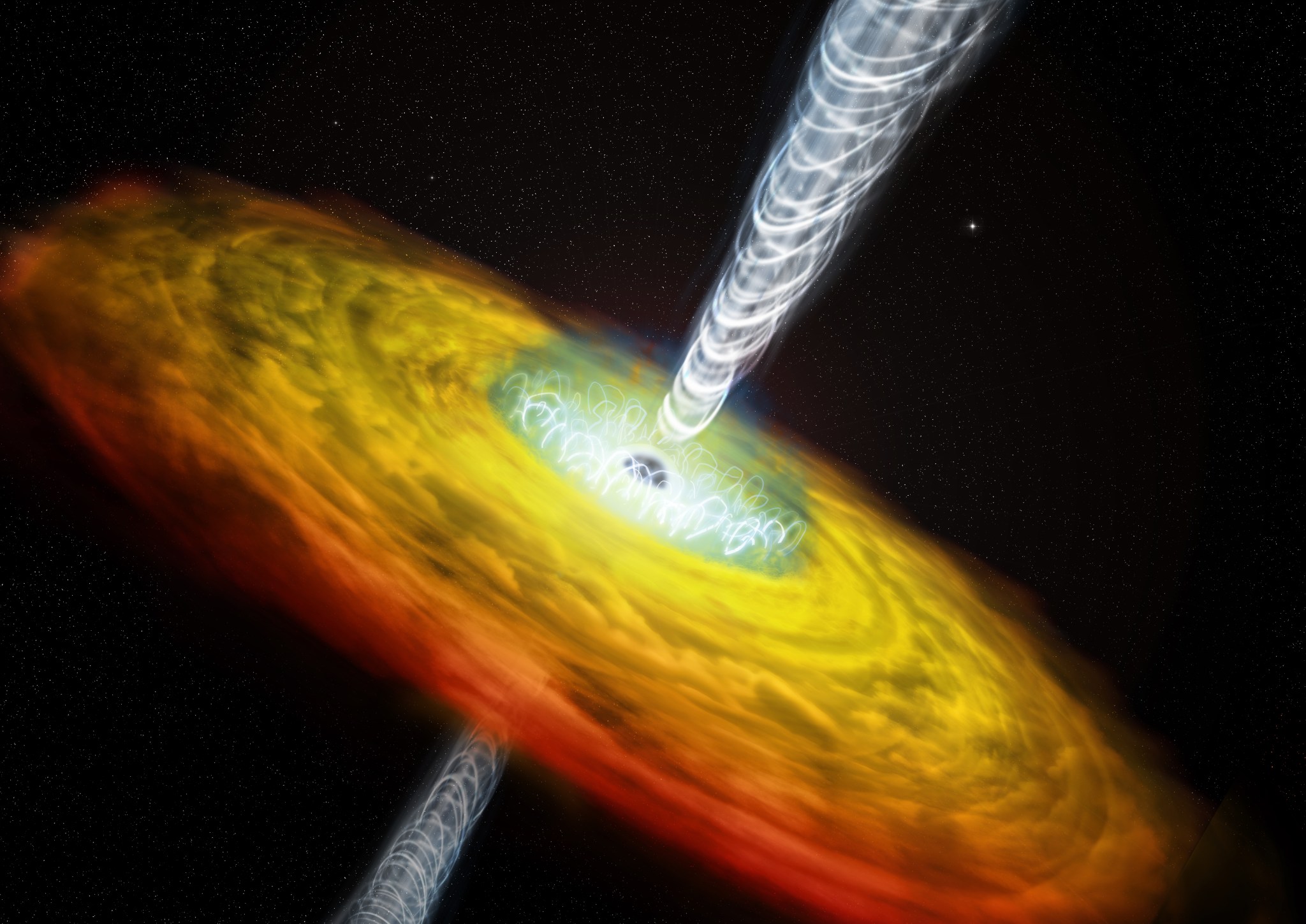 This artist's illustration depicts a supermassive black hole, and its corona (blue) threaded by magnetic fields (white).