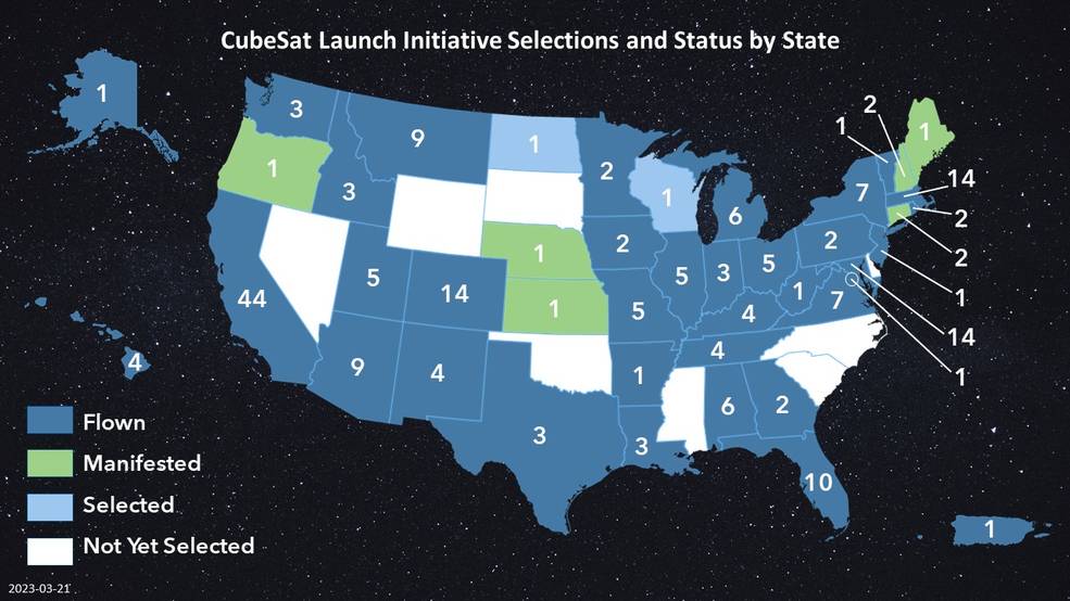 An introduction to CubeSat Launch Initiative through a graphic of a map depicting number of CSLI selections by state.